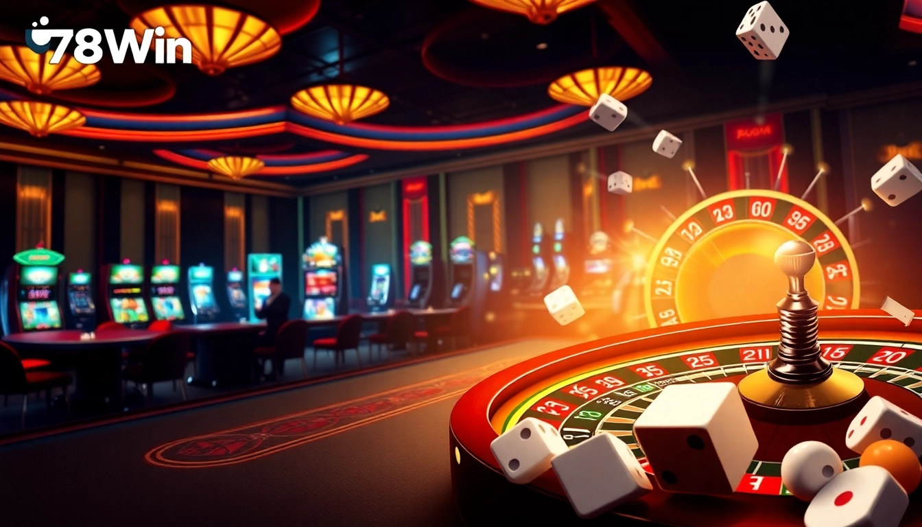 Experience the thrill of gambling with Link vào 78Win, featuring vibrant casino elements and excitement.