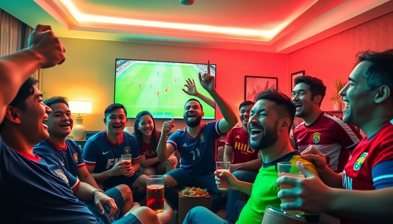 Lương Sơn TV fans enjoying a thrilling football match experience in a vibrant living room.