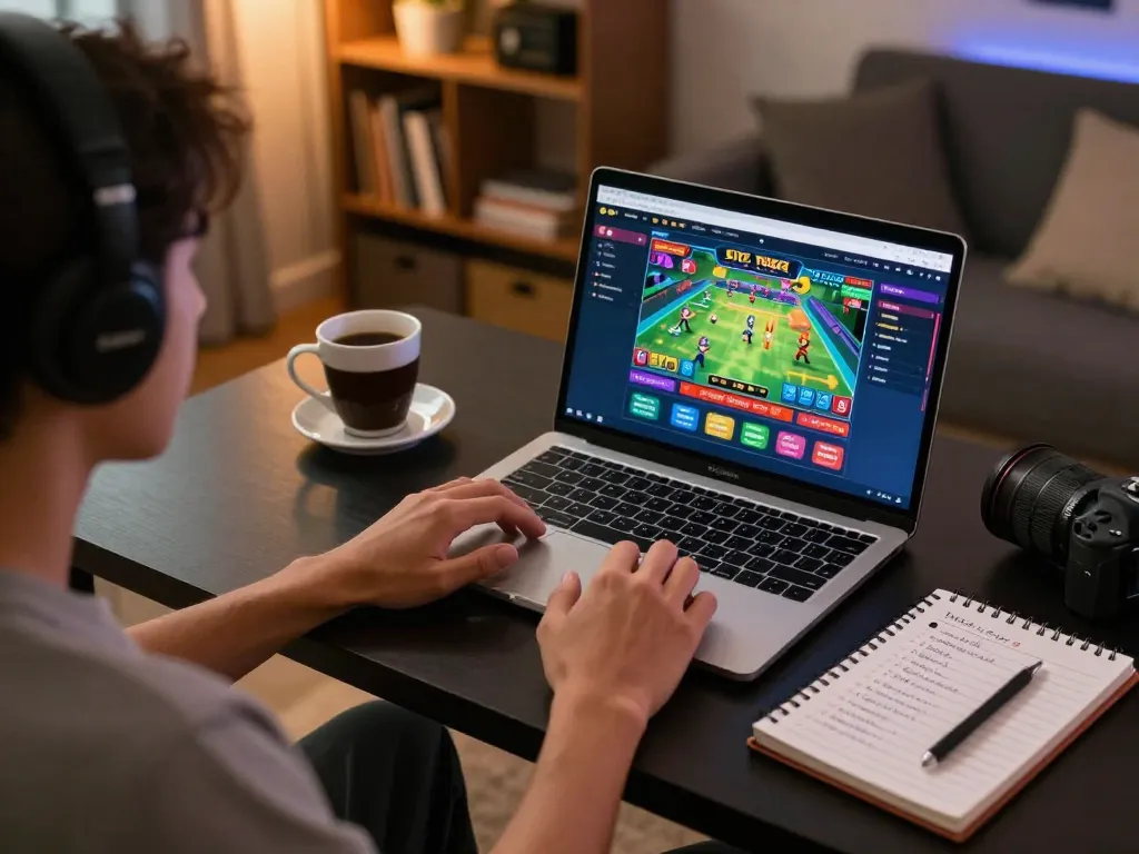 Sesi permainan situs togel online di rumah dengan antarmuka gameplay yang menarik dan suasana santai.