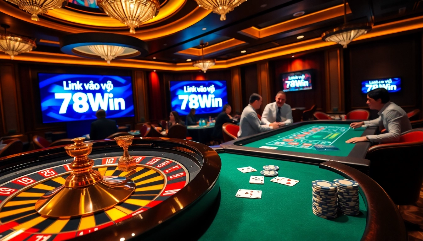 Engaging gambling scene showcasing Link vào 78Win with poker chips and roulette wheel excitement.