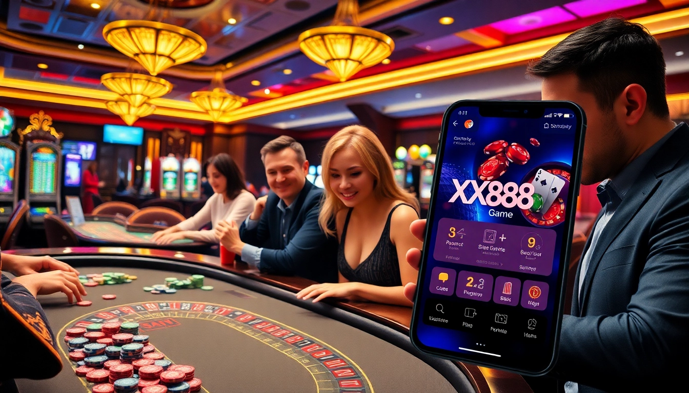 Players enjoying a thrilling moment at the XX88 Game casino tables with vibrant atmosphere and modern gaming interfaces.