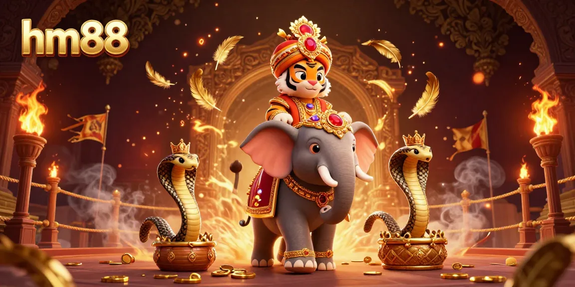Engage in thrilling gameplay with hm88, featuring an ornate maharaja tiger in a vibrant 3D casino scene