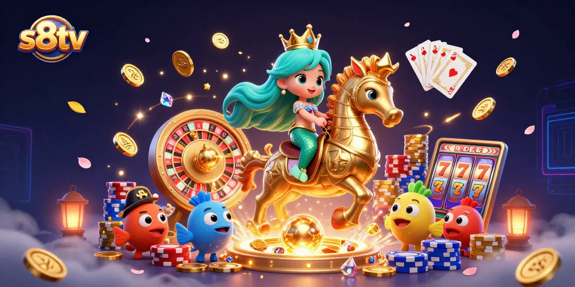 S8TV offers thrilling live casino action with a vibrant mermaid princess riding a seahorse amidst golden treasures.