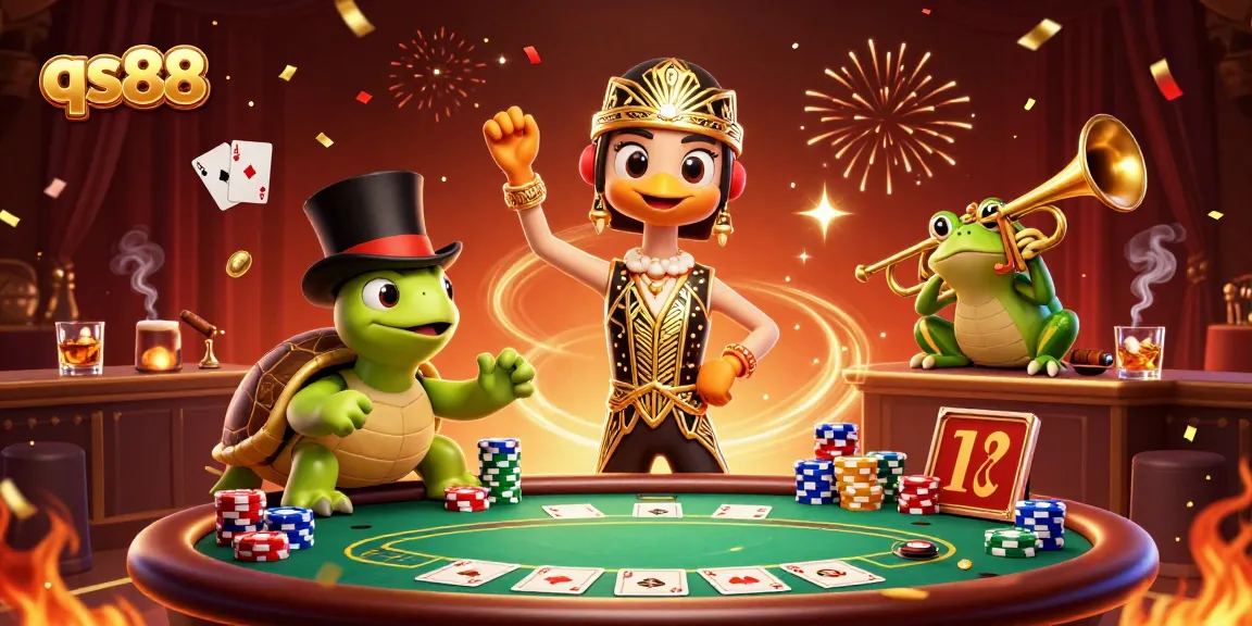 Experience top-notch gambling action with qs88 at a vibrant casino scene, featuring poker elements.