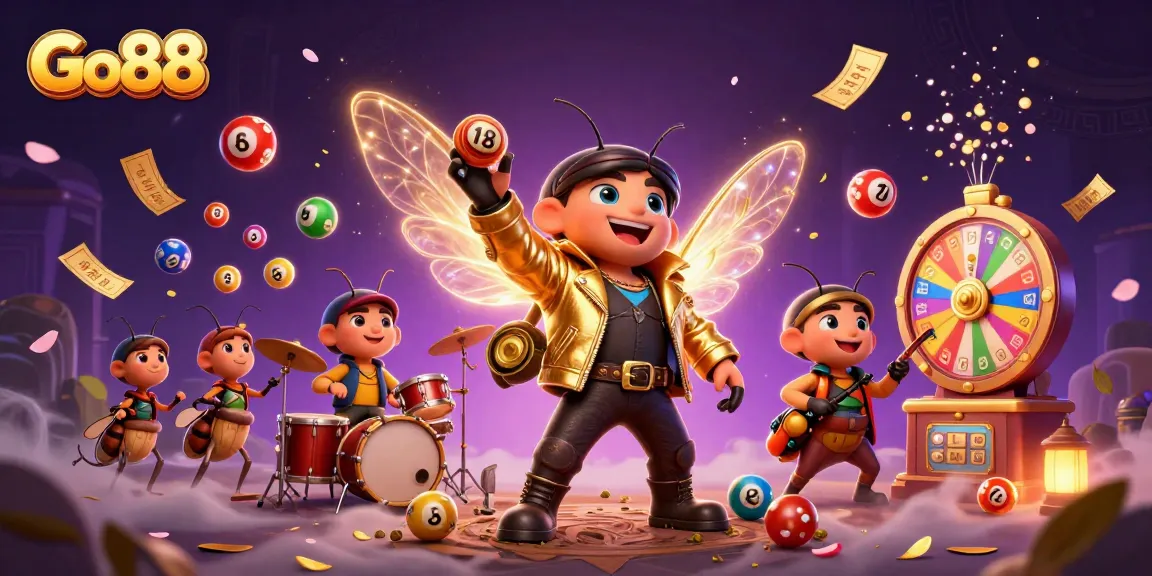 Go88 features a vibrant 3D scene with characters celebrating a jackpot and lottery games excitement.