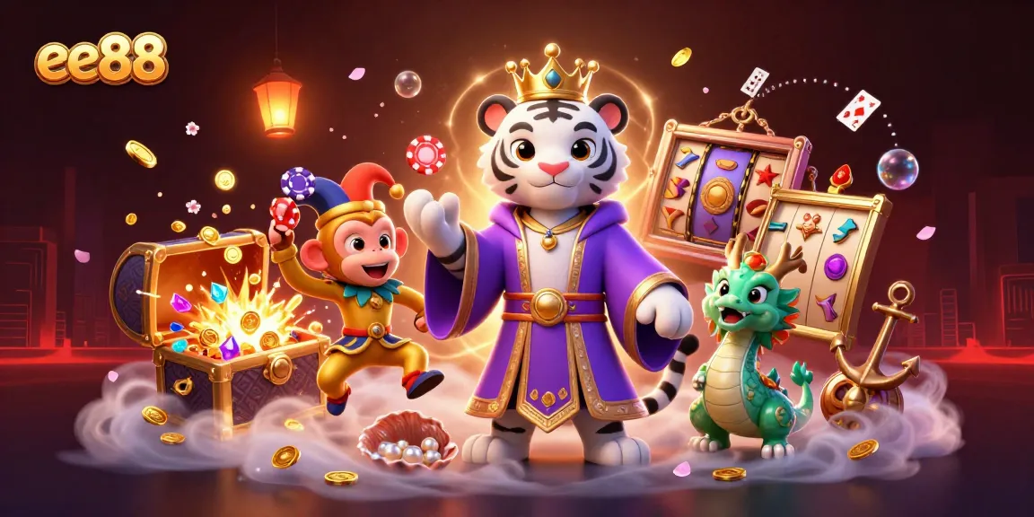Experience thrilling wins with ee88 in this vibrant casino scene featuring playful characters.