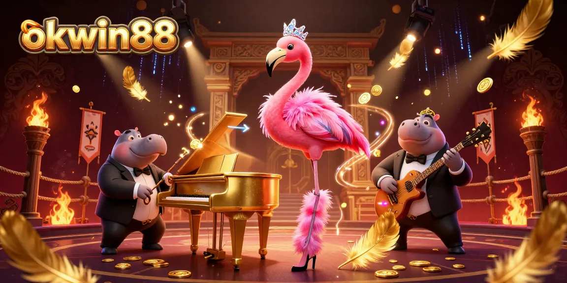 Join the excitement of okwin88 as a flamingo singer dazzles at a casino while smoke and gold coins swirl dramatically.