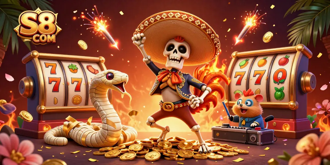 Experience thrilling wins with S8 COM in this lively casino illustration featuring dynamic slot elements.