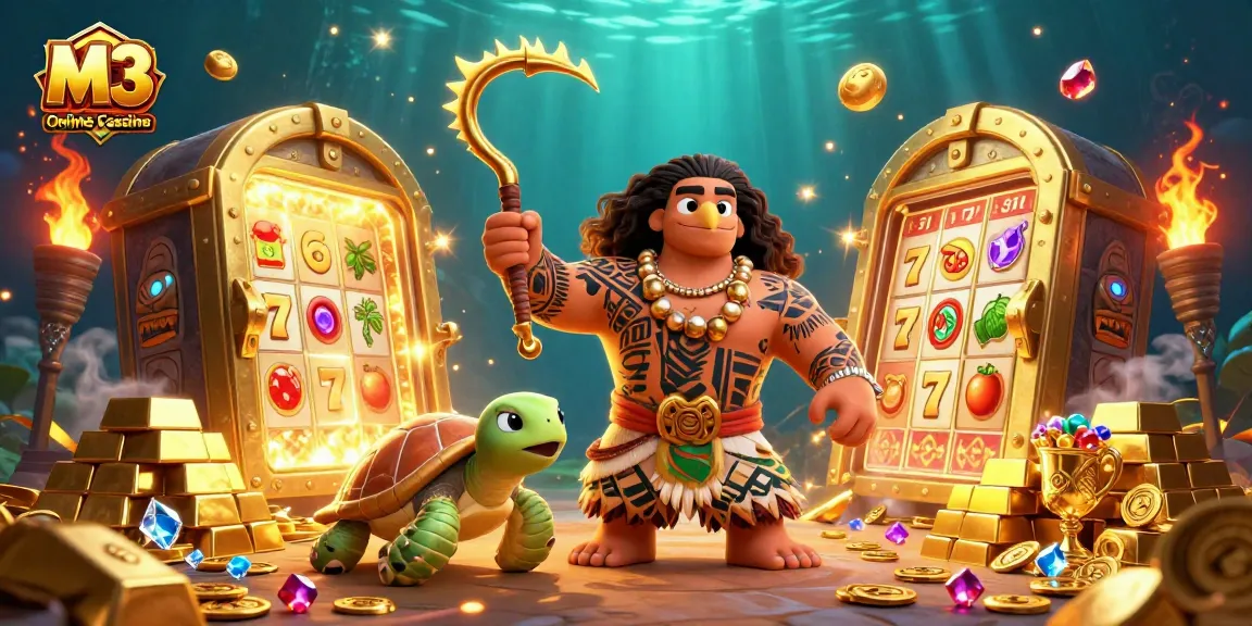 M3 Online Casino Malaysia features a vibrant, action-filled scene with characters and slots, showcasing winning opportunities.