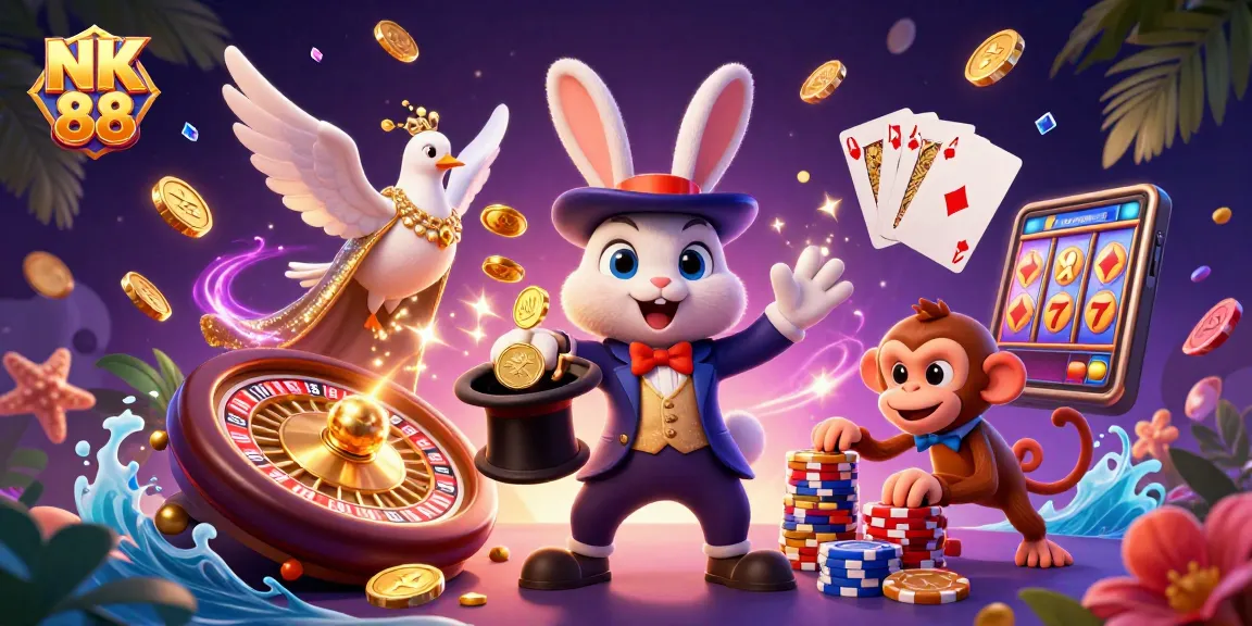 Engage with NK 88's thrilling casino experience featuring vibrant graphics and magical characters.