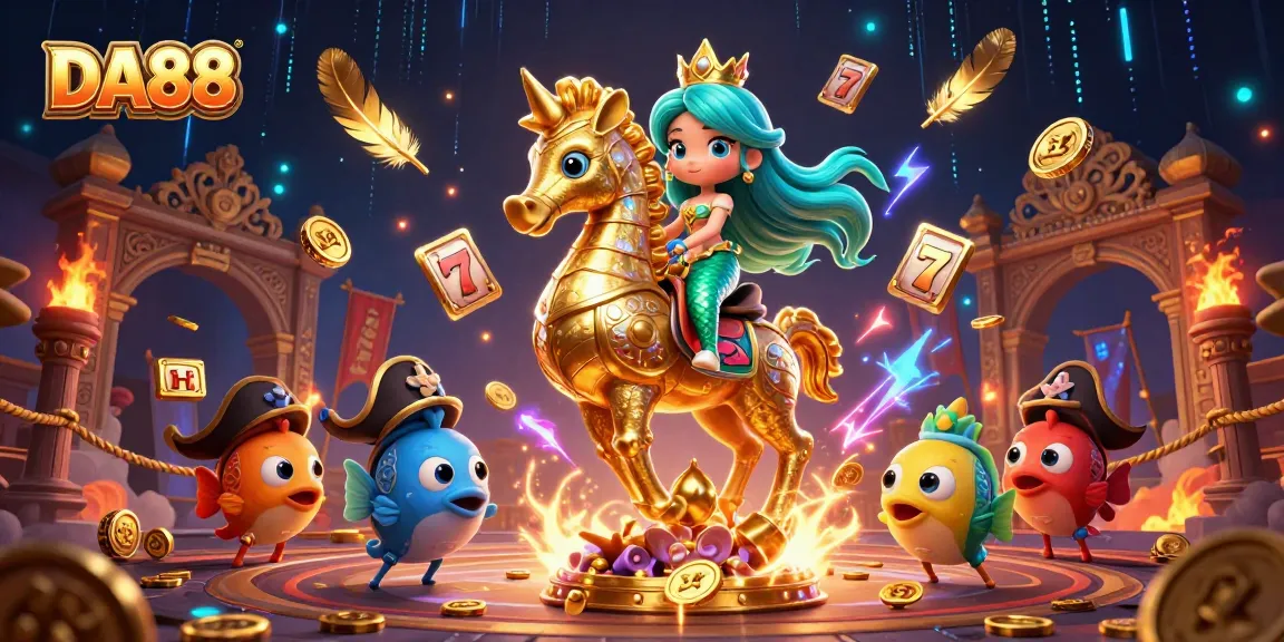 Play games at DA88 with a magical 3D illustration featuring a mermaid on a seahorse.