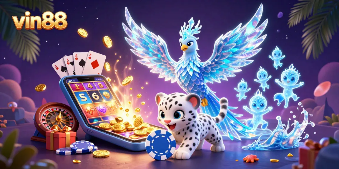 vin88 engages players with a vibrant casino scene featuring an ice phoenix and gaming elements.