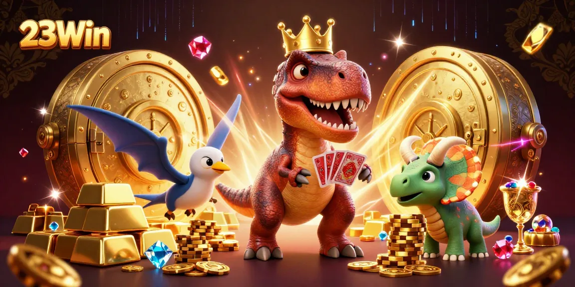 23Win features a playful T-Rex shuffling cards, showcasing vibrant casino elements and treasures.