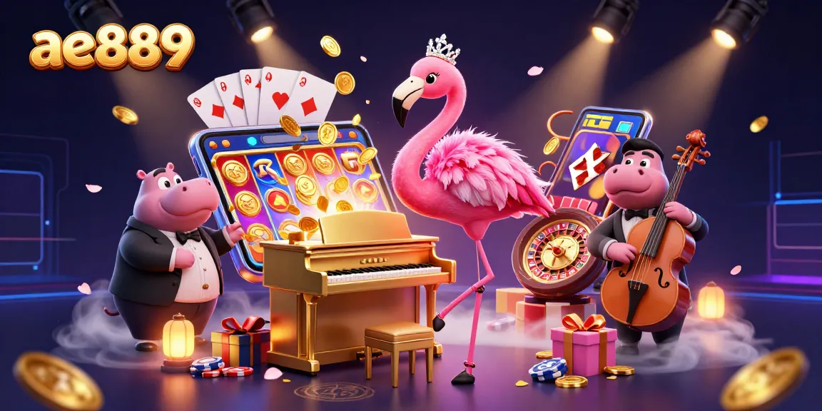 Play thrilling slots at ae889 with golden coins, vibrant games, and charming casino characters.