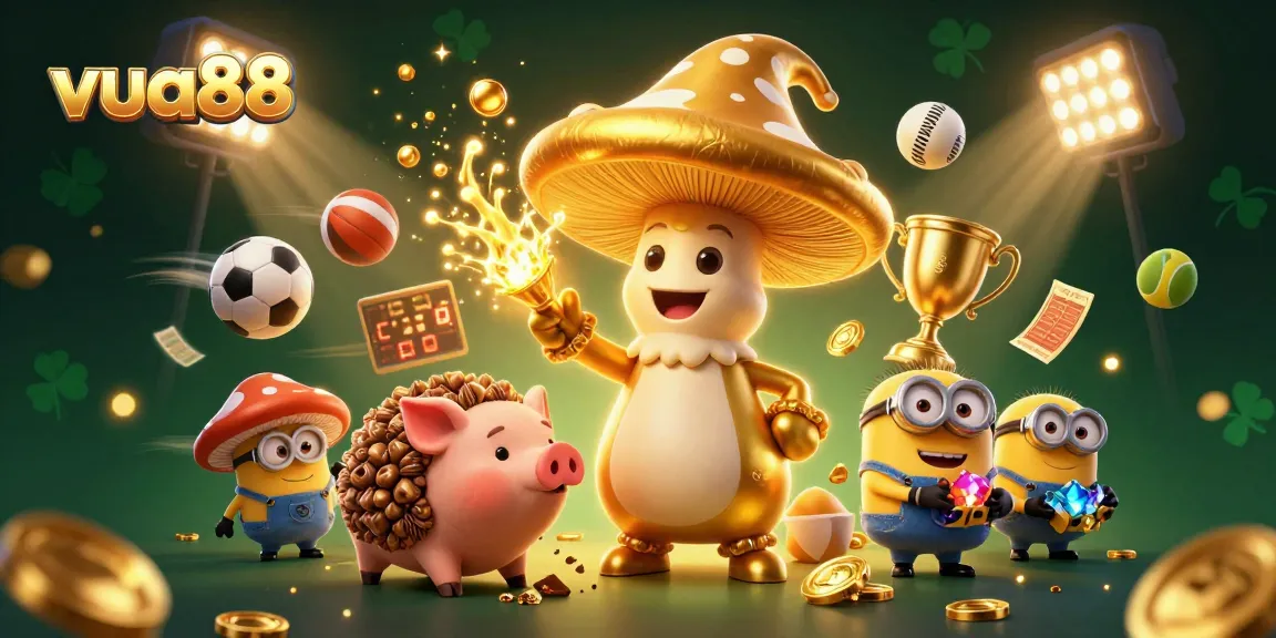Experience the magic of vua88 with a golden mushroom wizard and treasures in a vibrant casino scene.