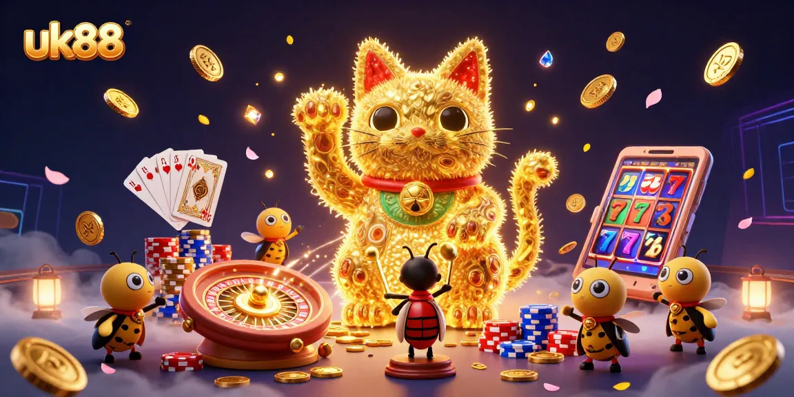 Experience thrilling gameplay at uk88 with dynamic visuals showcasing a lucky cat, casino symbols, and dazzling coins.