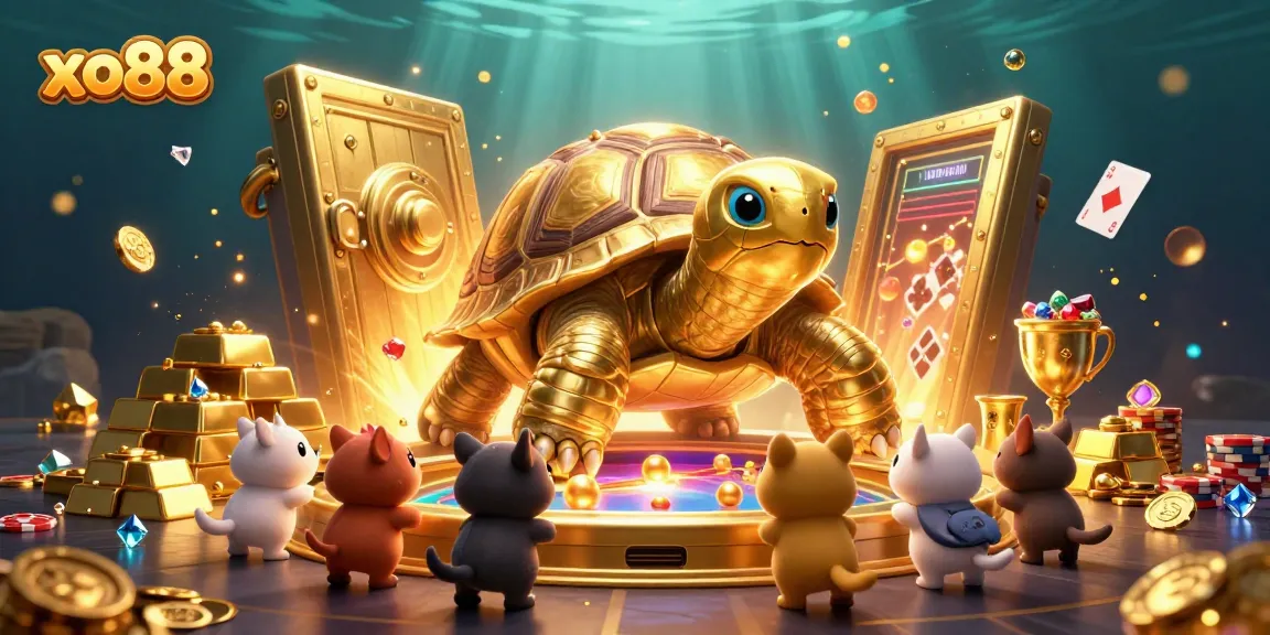 Engage in thrilling gameplay at xo88 with a golden tortoise pinball machine, treasured gems, and vibrant casino action.