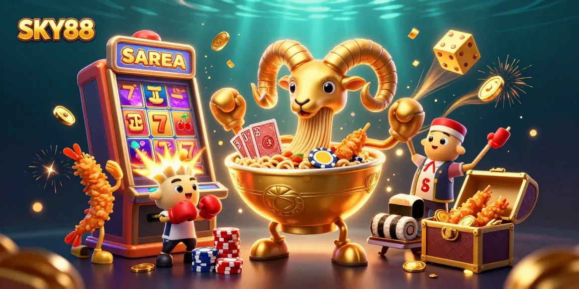 Engage with SKY88's vibrant online gaming scene featuring characters enjoying thrilling casino games and jackpots.